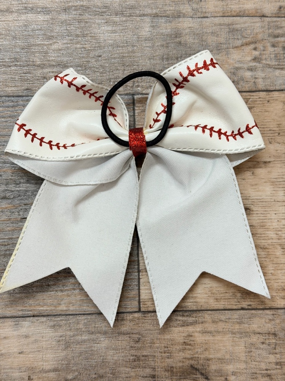 NWOT Vegan Leather White Baseball Red Stitch Bow Pony Tail Holder - Picture 4 of 6